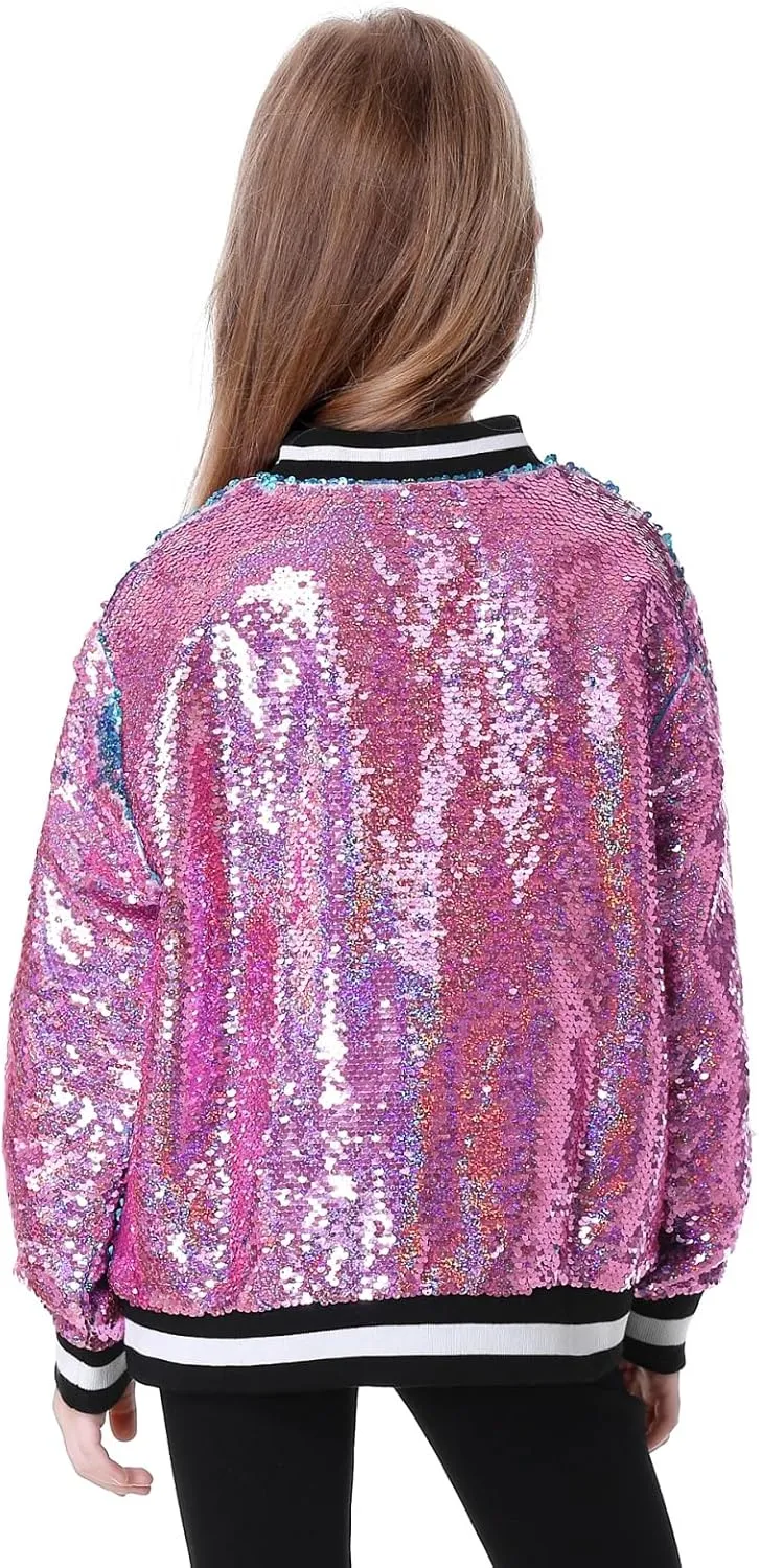 TIMSOPHIA Girls Sequin Jacket, Sparkle Bomber Jacket Glitter Kids 1989 Sparkly Blazer Costume for Concert Party Club
