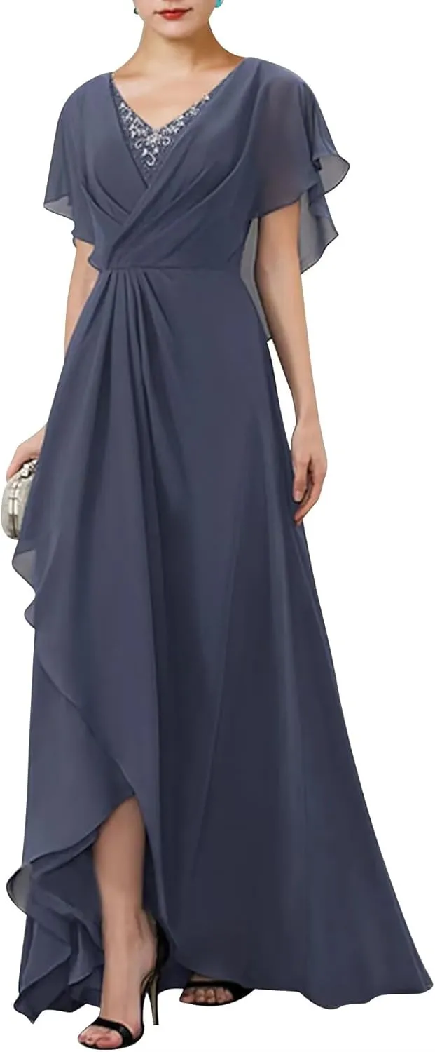 TIRAS Empire Waist Mother of The Bride Dresses V Neck Ruffle Sleeves Chiffon A-line Long Wedding Dresses with Slit