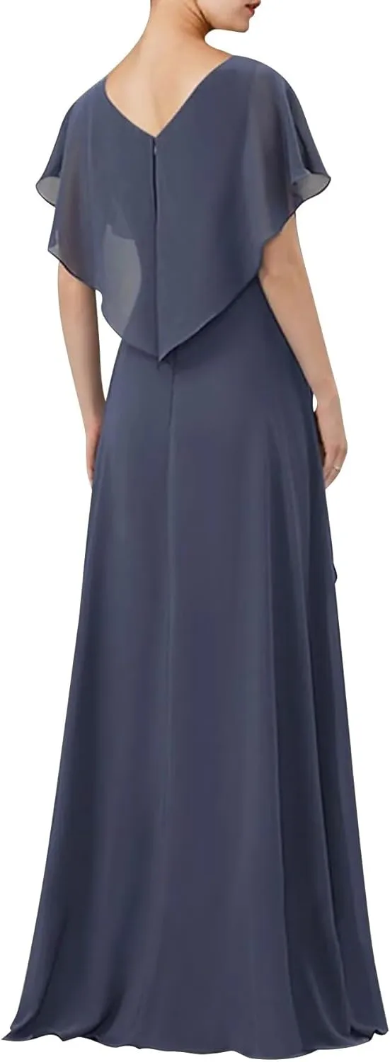 TIRAS Empire Waist Mother of The Bride Dresses V Neck Ruffle Sleeves Chiffon A-line Long Wedding Dresses with Slit