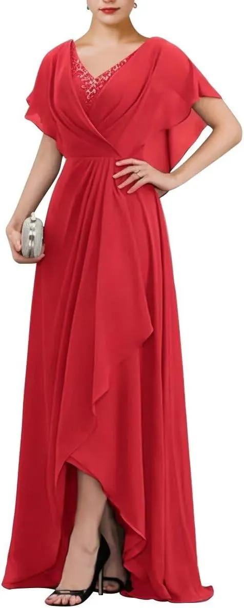 TIRAS Empire Waist Mother of The Bride Dresses V Neck Ruffle Sleeves Chiffon A-line Long Wedding Dresses with Slit