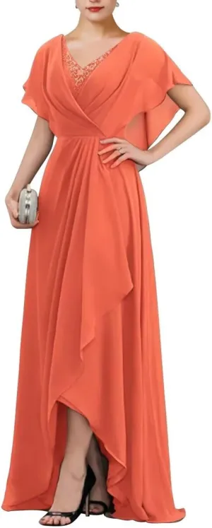 TIRAS Empire Waist Mother of The Bride Dresses V Neck Ruffle Sleeves Chiffon A-line Long Wedding Dresses with Slit