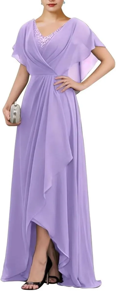 TIRAS Empire Waist Mother of The Bride Dresses V Neck Ruffle Sleeves Chiffon A-line Long Wedding Dresses with Slit