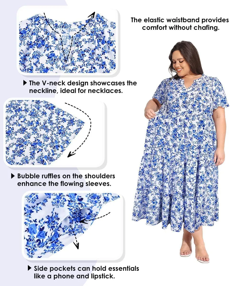 TIYOMI Women Plus Size Dress Boho V Neck Short Sleeve Beach Maxi Dresses Floral/Stripe/Leaves/Lemon XL-5XL