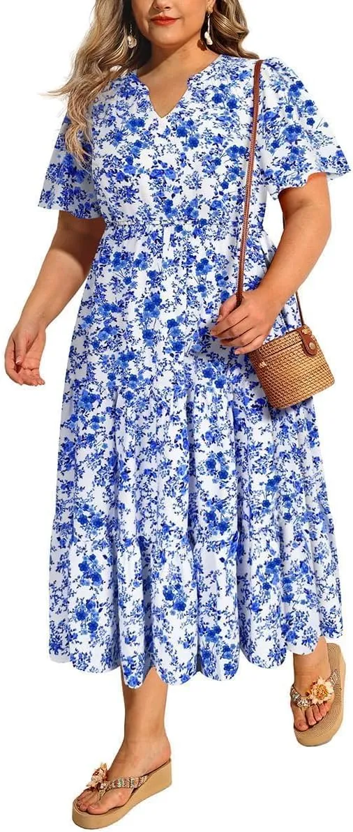 TIYOMI Women Plus Size Dress Boho V Neck Short Sleeve Beach Maxi Dresses Floral/Stripe/Leaves/Lemon XL-5XL