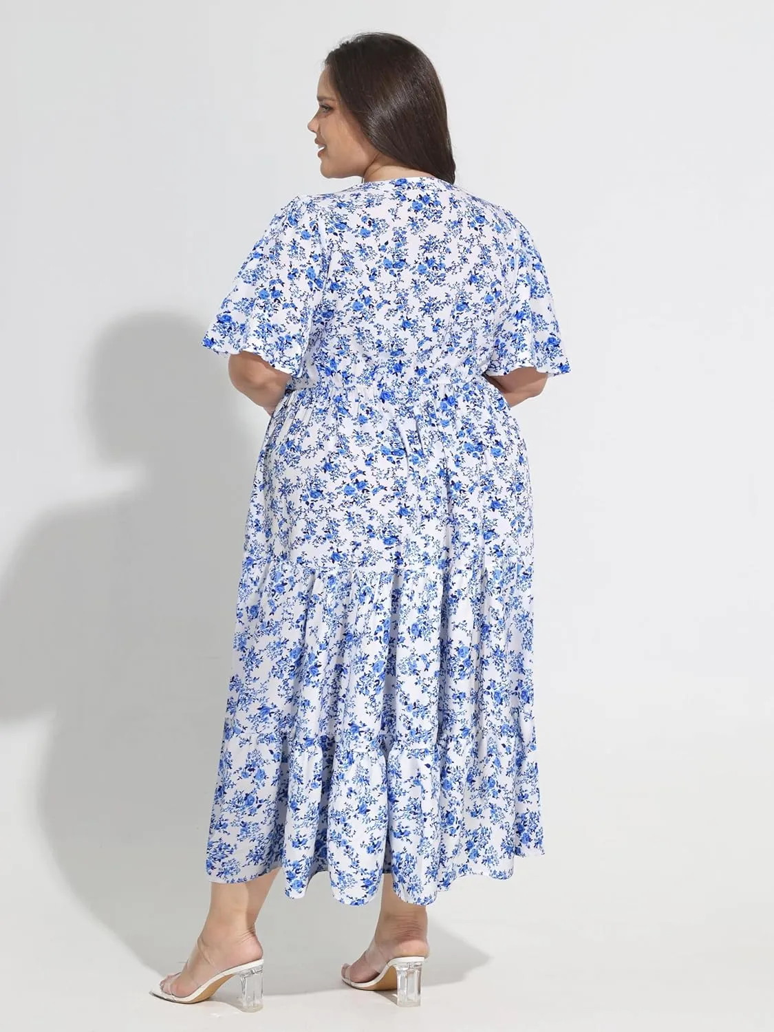 TIYOMI Women Plus Size Dress Boho V Neck Short Sleeve Beach Maxi Dresses Floral/Stripe/Leaves/Lemon XL-5XL