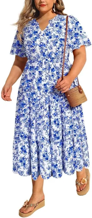TIYOMI Women Plus Size Dress Boho V Neck Short Sleeve Beach Maxi Dresses Floral/Stripe/Leaves/Lemon XL-5XL