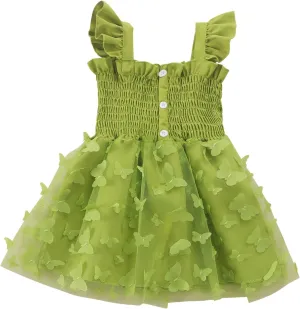 Toddler Girls Tulle Dress Kids 3D Butterfly Applique Ruffle Straps Smocked Button A-Line Summer Dresses 1-5 Years