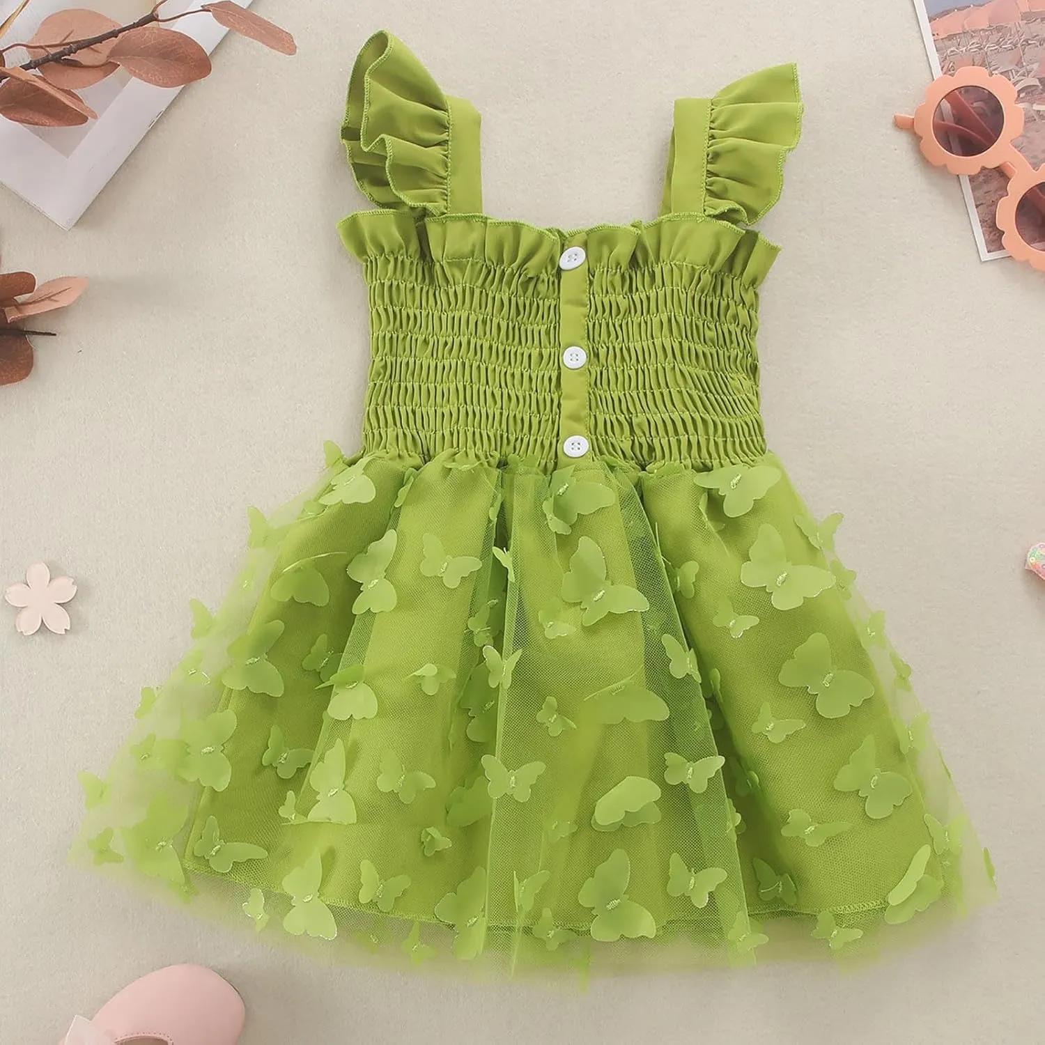Toddler Girls Tulle Dress Kids 3D Butterfly Applique Ruffle Straps Smocked Button A-Line Summer Dresses 1-5 Years