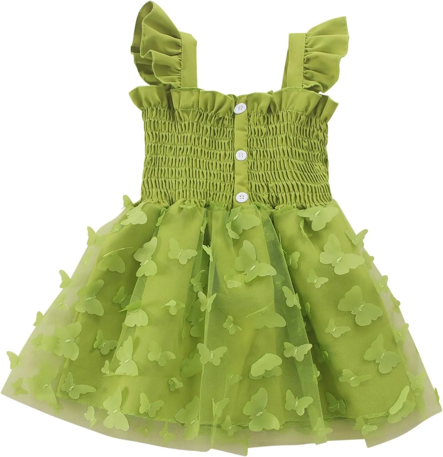 Toddler Girls Tulle Dress Kids 3D Butterfly Applique Ruffle Straps Smocked Button A-Line Summer Dresses 1-5 Years