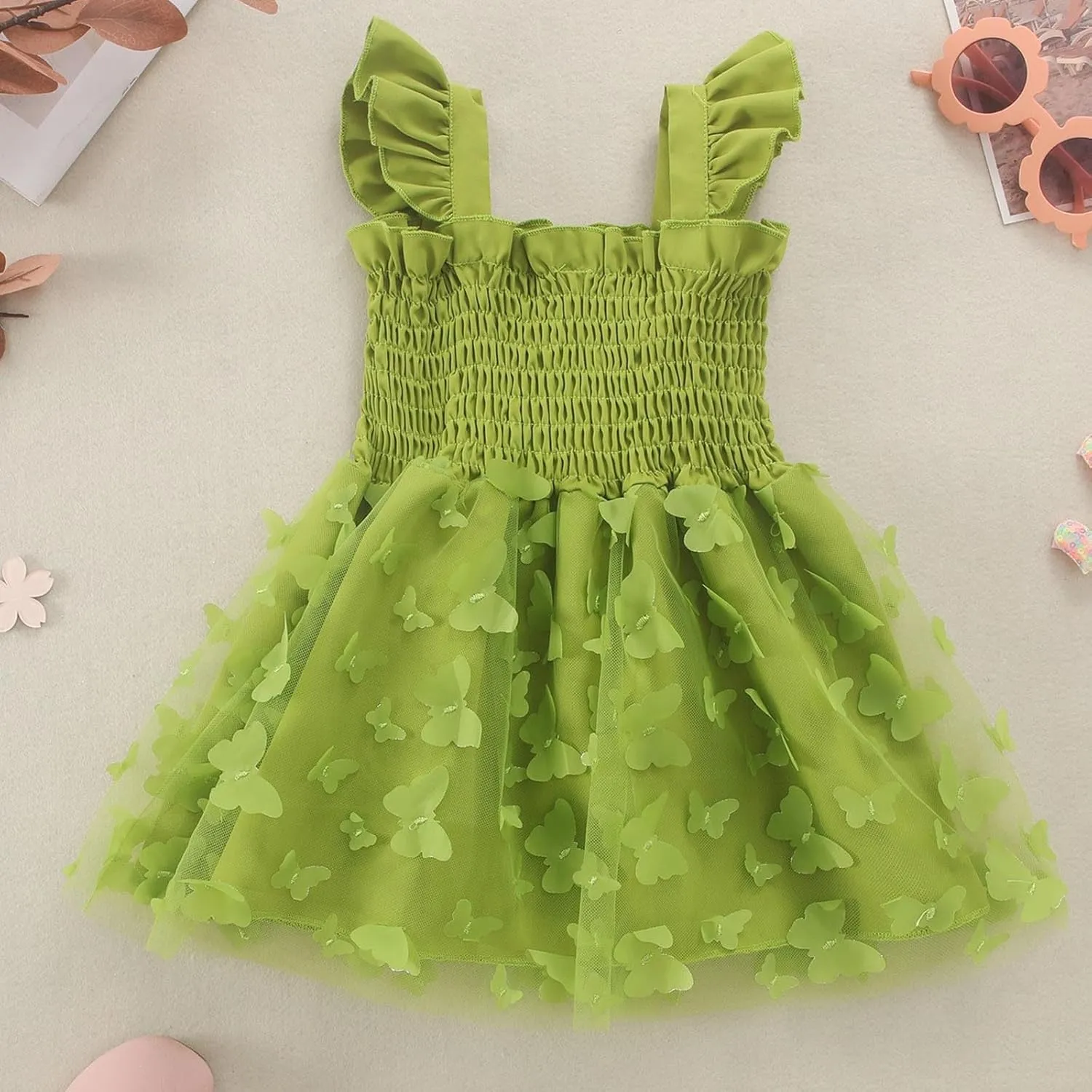 Toddler Girls Tulle Dress Kids 3D Butterfly Applique Ruffle Straps Smocked Button A-Line Summer Dresses 1-5 Years