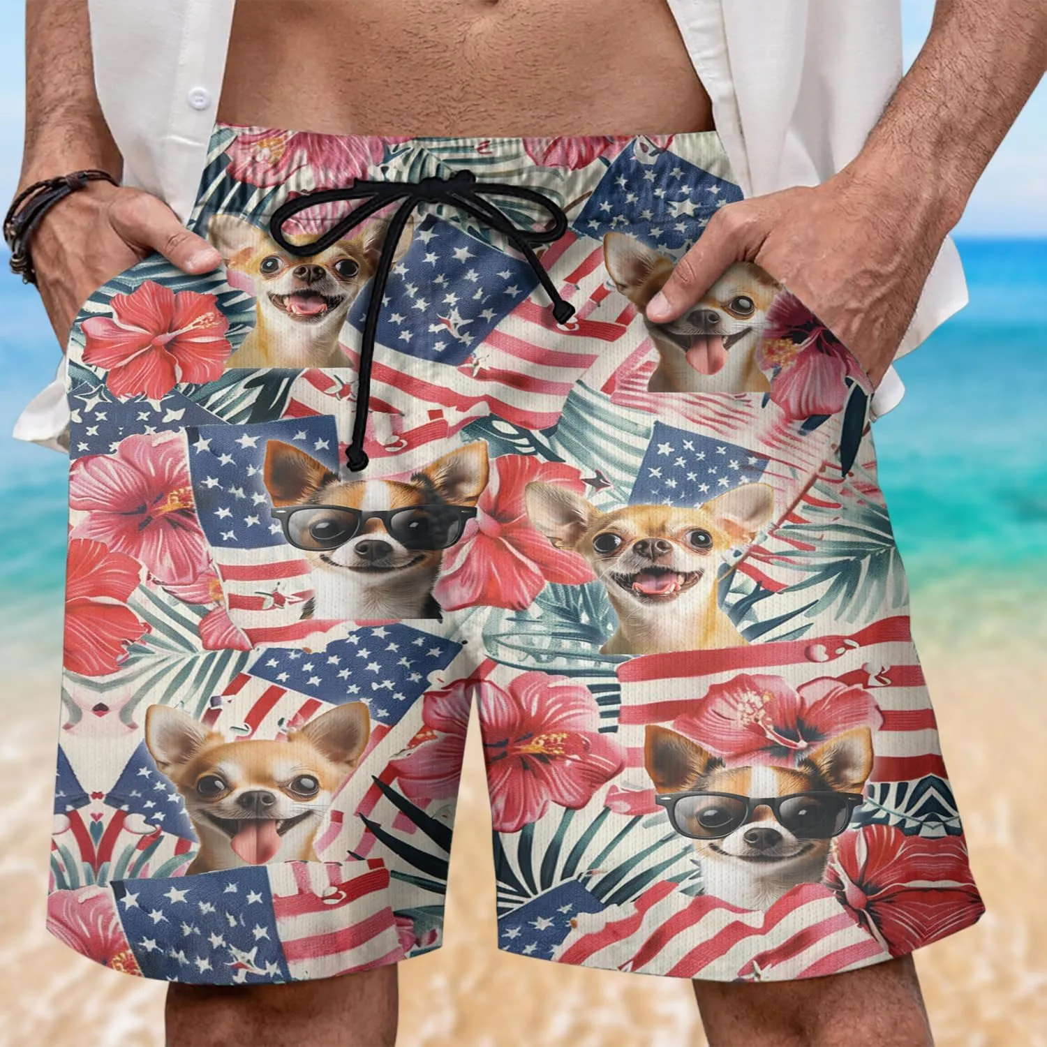 Tropical Dog Mens Swim Trunks - US Patriot Hawaiian Mens Shorts Casual, Summer Drawstring Beachwear Shorts