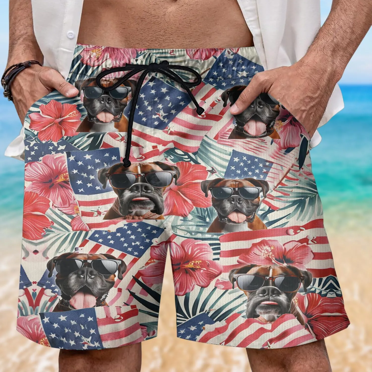 Tropical Dog Mens Swim Trunks - US Patriot Hawaiian Mens Shorts Casual, Summer Drawstring Beachwear Shorts