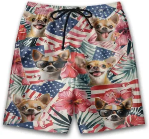 Tropical Dog Mens Swim Trunks - US Patriot Hawaiian Mens Shorts Casual, Summer Drawstring Beachwear Shorts