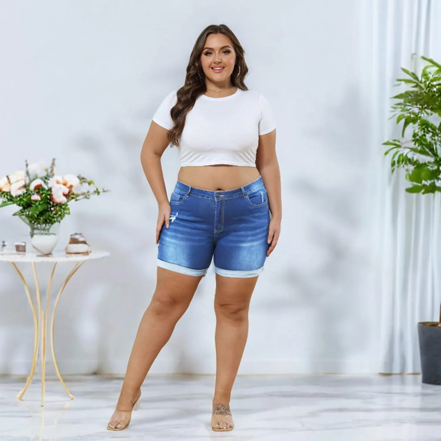 Tulucky Women Plus Size Jean Shorts High Waist Cute Distressed Ripped Folded Hem Denim Shorts