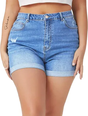 Tulucky Women Plus Size Jean Shorts High Waist Cute Distressed Ripped Folded Hem Denim Shorts