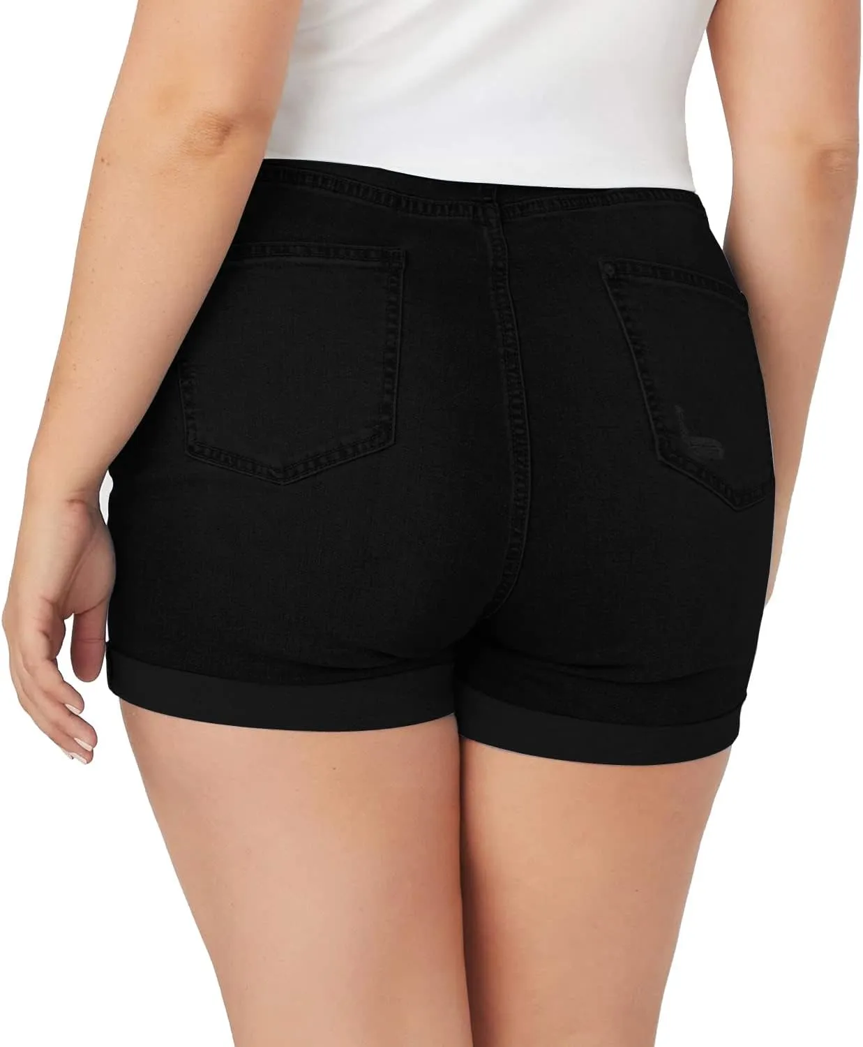 Tulucky Women Plus Size Jean Shorts High Waist Cute Distressed Ripped Folded Hem Denim Shorts