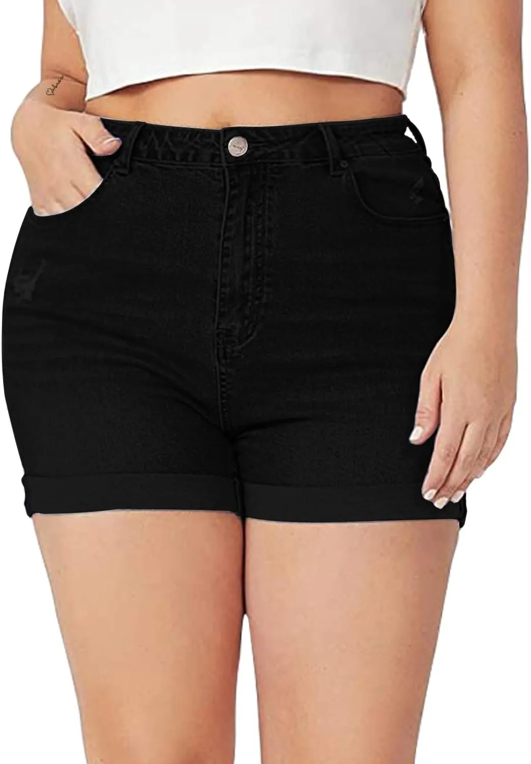 Tulucky Women Plus Size Jean Shorts High Waist Cute Distressed Ripped Folded Hem Denim Shorts