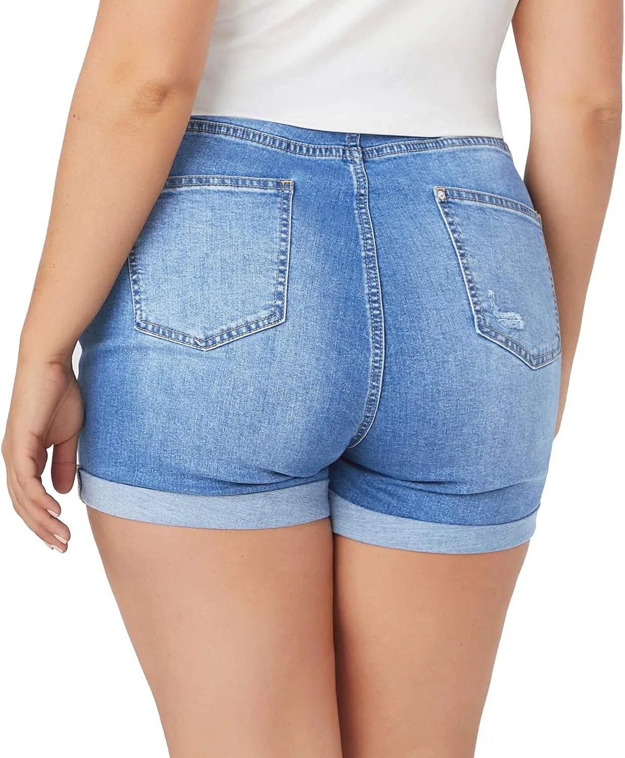 Tulucky Women Plus Size Jean Shorts High Waist Cute Distressed Ripped Folded Hem Denim Shorts
