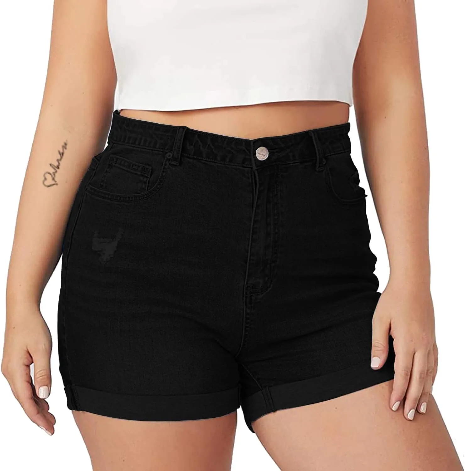 Tulucky Women Plus Size Jean Shorts High Waist Cute Distressed Ripped Folded Hem Denim Shorts