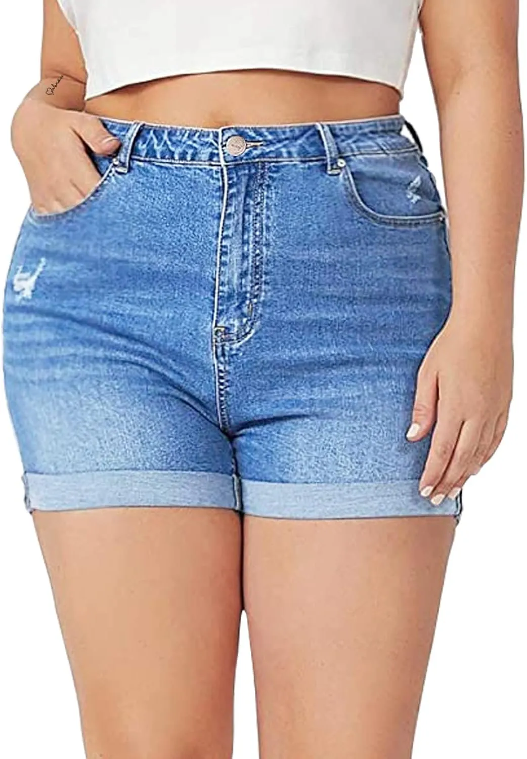 Tulucky Women Plus Size Jean Shorts High Waist Cute Distressed Ripped Folded Hem Denim Shorts