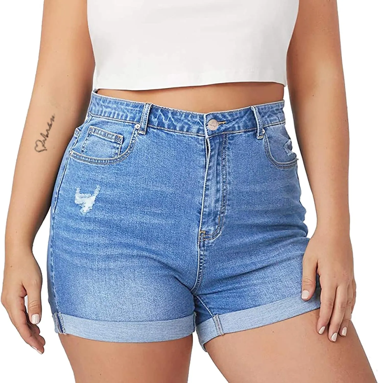 Tulucky Women Plus Size Jean Shorts High Waist Cute Distressed Ripped Folded Hem Denim Shorts