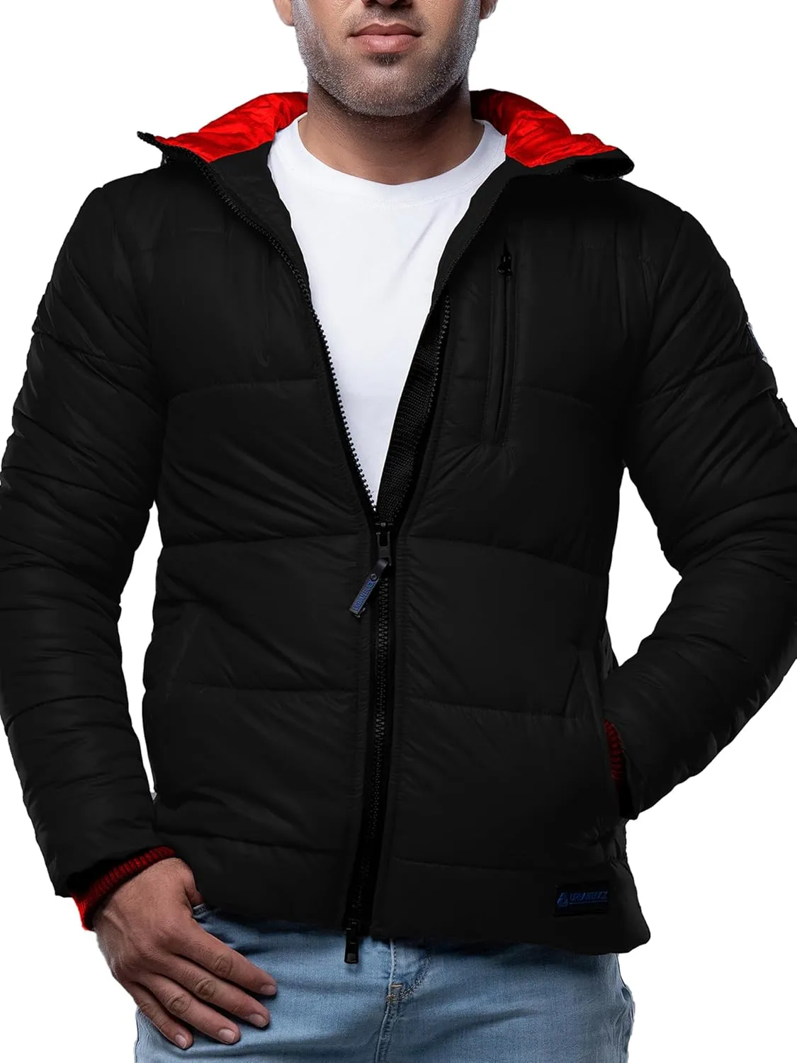 URBAN BUCK Mens Puffer Jacket with Scuba Hood Midweight Winter Recycled Down Windproof and Water Repellent Men Colby Black Hiking Coat (XL)