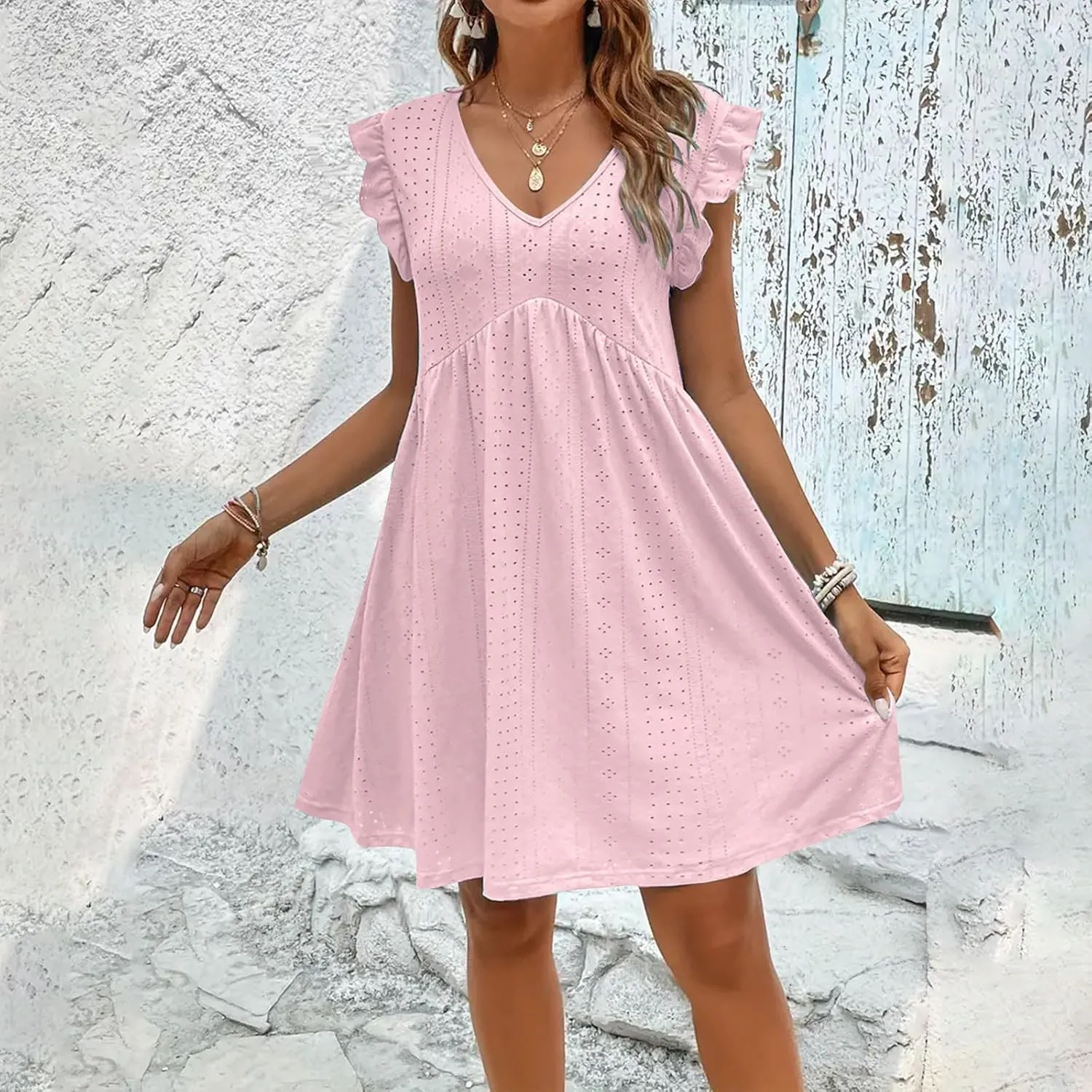 Vacation Dresses for Women 2025 Wedding Guest Mini Dresses 2025 Casual V Neck Ruffle Dress Summer Vacation Sundress