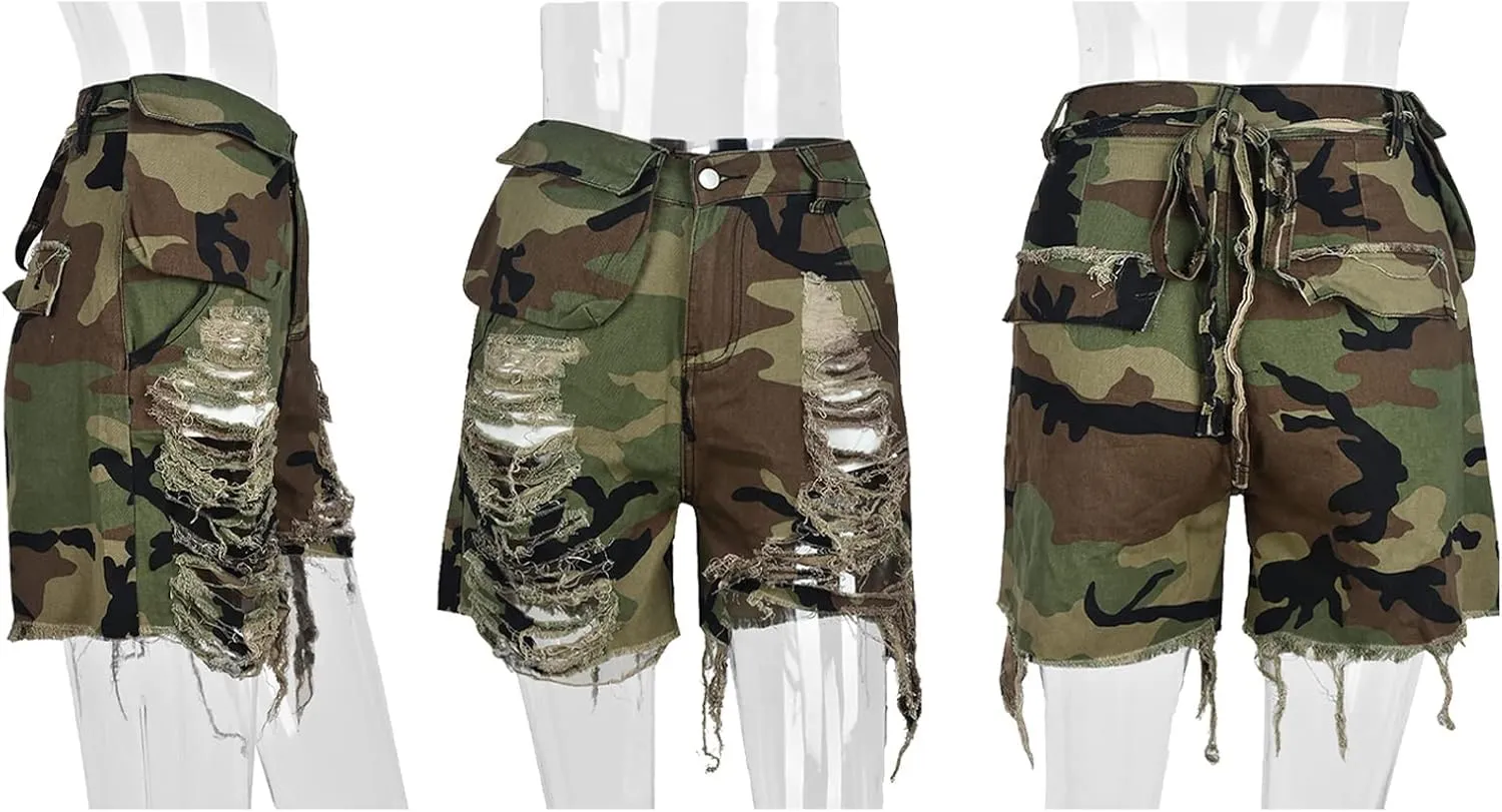 Vakkest Women's Camo Cargo Shorts Casual Trendy High Waisted Summer Joggers Camouflage Print Short Pants with Pockets