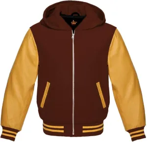Varsity Hoodie Baseball Letterman Bomber Wool & Genuine Yellow Gold Leather Sleeves Zipper Jacket