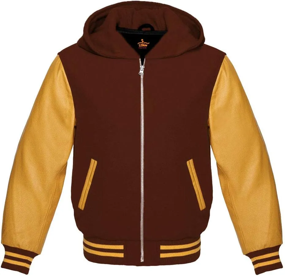 Varsity Hoodie Baseball Letterman Bomber Wool & Genuine Yellow Gold Leather Sleeves Zipper Jacket