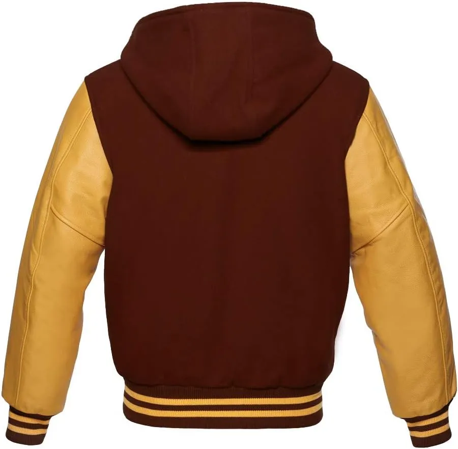 Varsity Hoodie Baseball Letterman Bomber Wool & Genuine Yellow Gold Leather Sleeves Zipper Jacket
