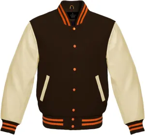 Varsity Jacket Baseball Letterman Bomber Wool & Light Cream Genuine leather Sleeves With Orange Stripe