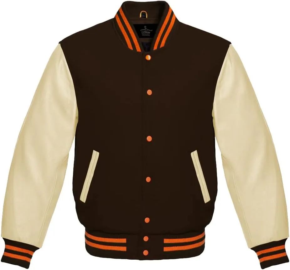 Varsity Jacket Baseball Letterman Bomber Wool & Light Cream Genuine leather Sleeves With Orange Stripe
