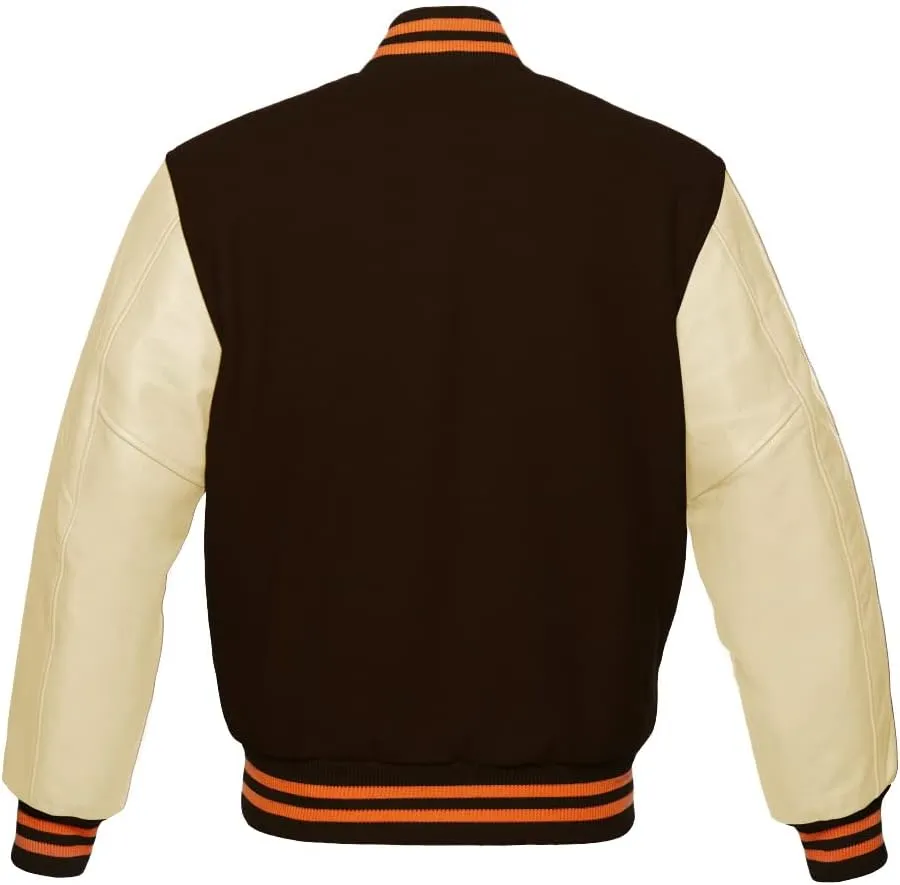 Varsity Jacket Baseball Letterman Bomber Wool & Light Cream Genuine leather Sleeves With Orange Stripe
