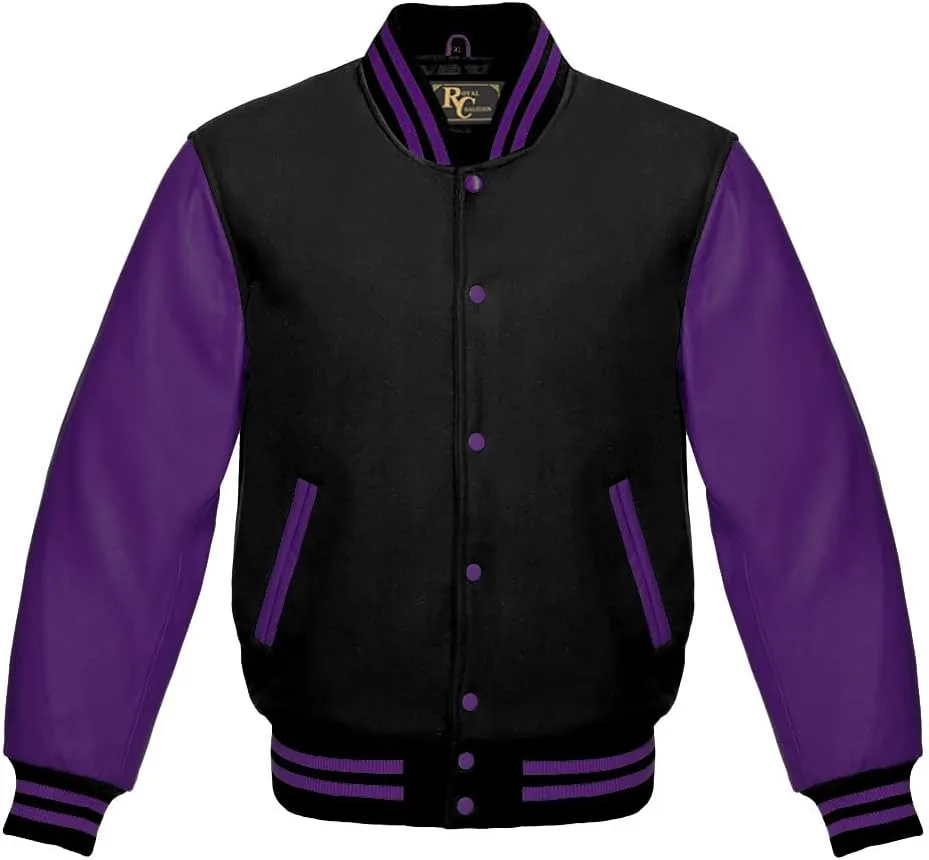Varsity Letterman Black Wool & Balck Genuine Leather Sleeves Bomber Style Baseball Jacket
