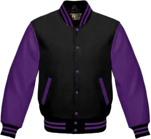 Varsity Letterman Black Wool & Balck Genuine Leather Sleeves Bomber Style Baseball Jacket