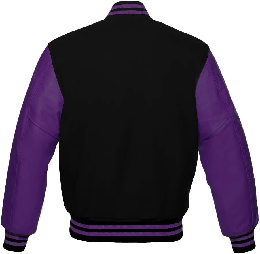 Varsity Letterman Black Wool & Balck Genuine Leather Sleeves Bomber Style Baseball Jacket