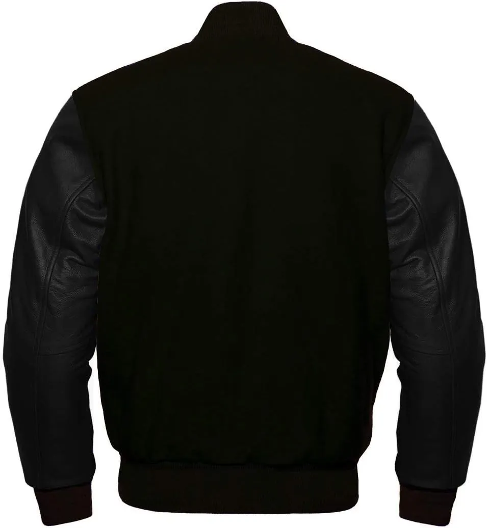 Varsity Letterman Wool & Black Genuine Leather Sleeves Bomber Style Baseball Jacket