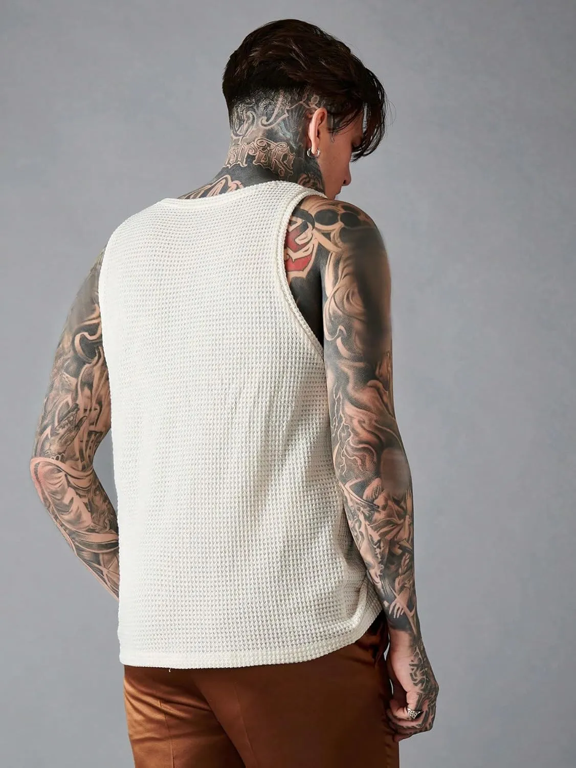 Verdusa Men's Waffle Knit Tank Top Round Neck Sleeveless Shirts