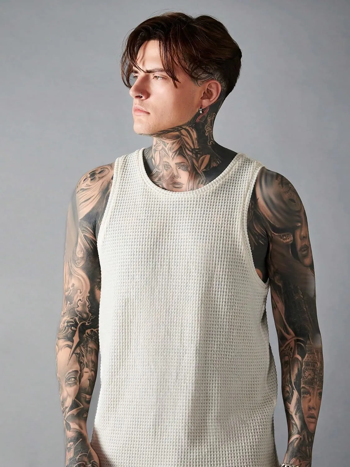 Verdusa Men's Waffle Knit Tank Top Round Neck Sleeveless Shirts