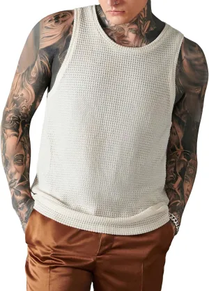 Verdusa Men's Waffle Knit Tank Top Round Neck Sleeveless Shirts