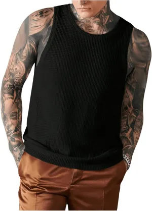 Verdusa Men's Waffle Knit Tank Top Round Neck Sleeveless Shirts