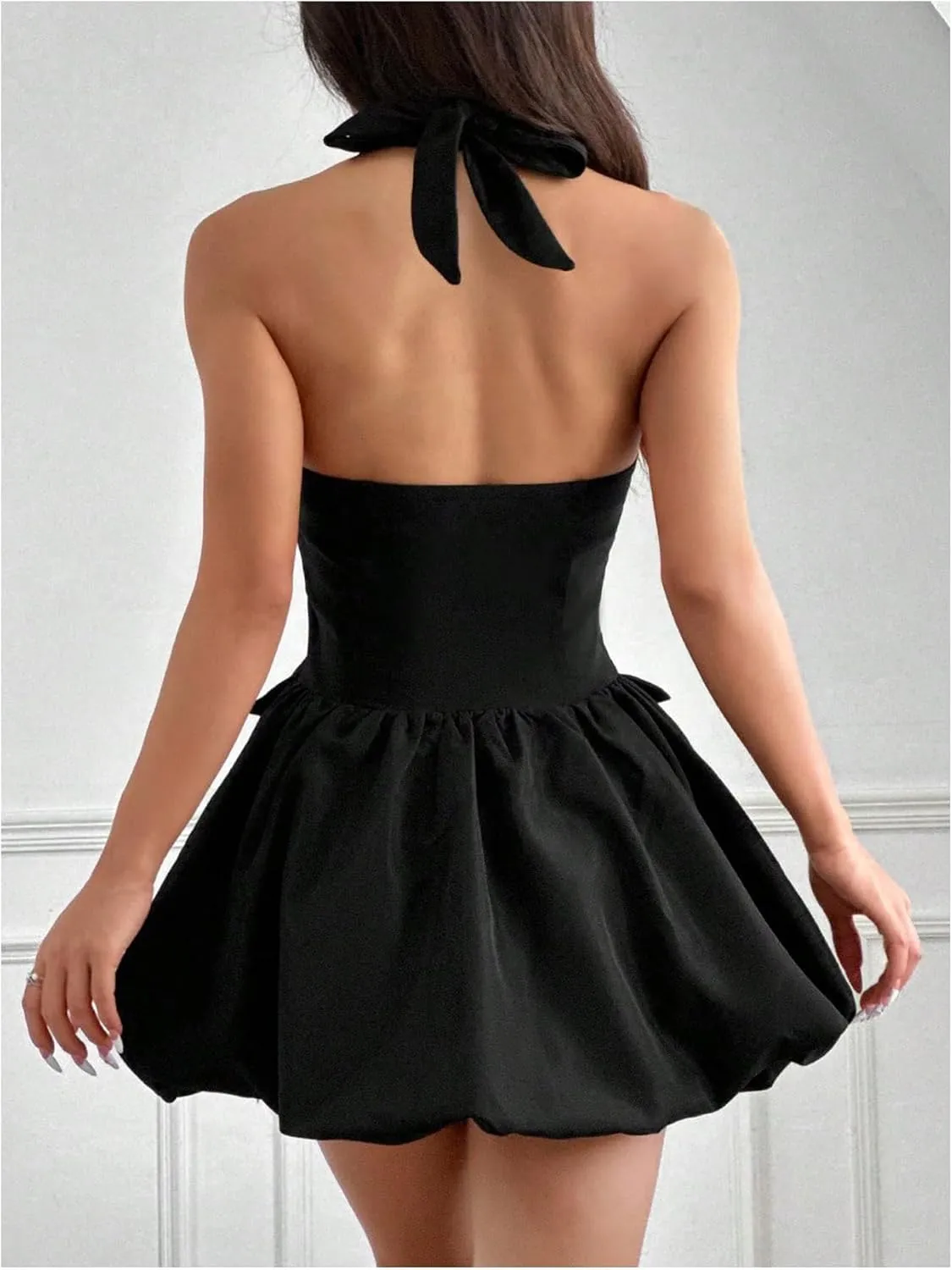 Verdusa Women's Y2K Mini Bubble Dress Bowknot Halter Dress Backless Peplum Dress