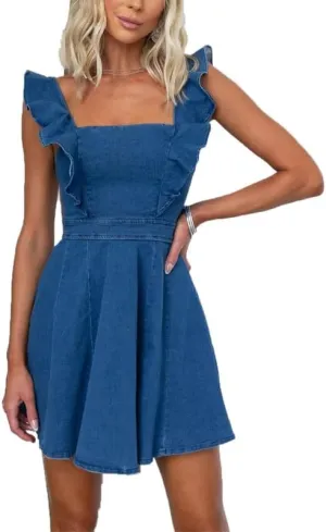 VIVICOLOR Womens Ruffle Cap Sleeve Denim Mini Sundress Sleeveless A-Line Swing Mini Denim Dress