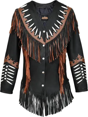 Western Black Leather Cowhide Jacket Women Cow-lady Native American Fringe & Beaded Cowgirl Jacket Tassels