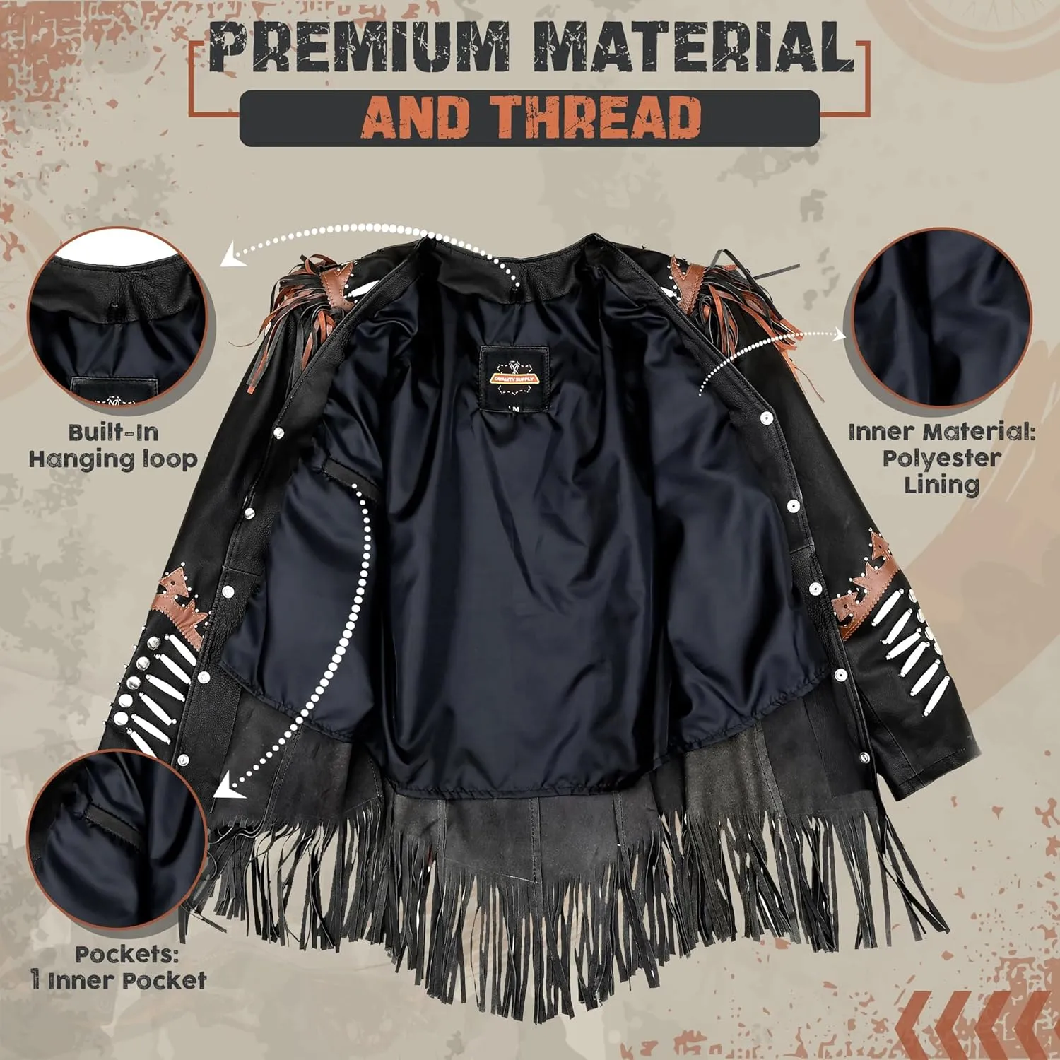 Western Black Leather Cowhide Jacket Women Cow-lady Native American Fringe & Beaded Cowgirl Jacket Tassels