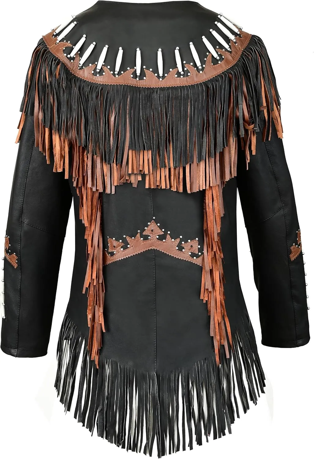 Western Black Leather Cowhide Jacket Women Cow-lady Native American Fringe & Beaded Cowgirl Jacket Tassels