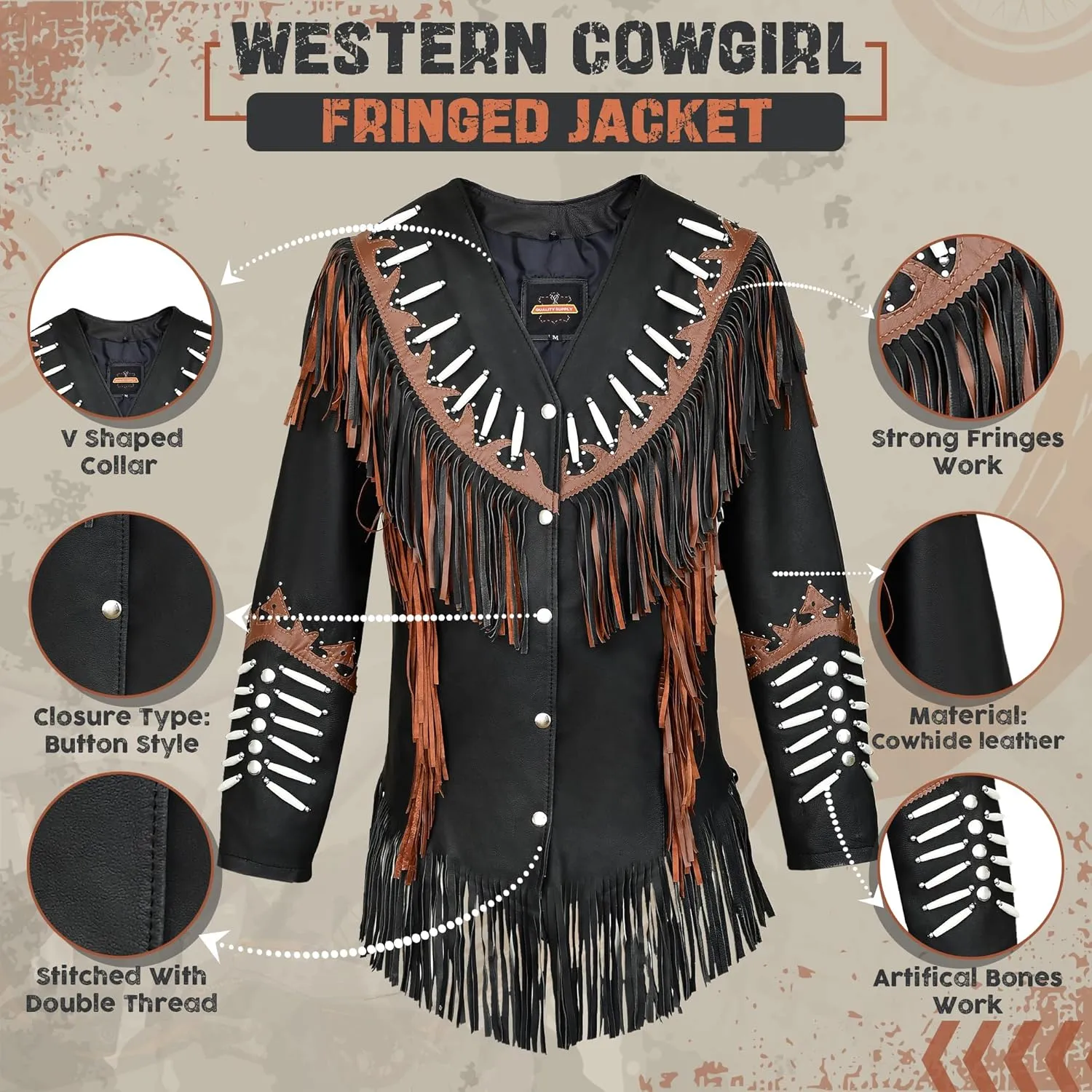 Western Black Leather Cowhide Jacket Women Cow-lady Native American Fringe & Beaded Cowgirl Jacket Tassels