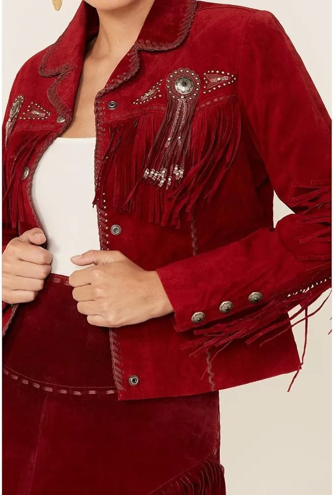 Western Genuine Leather Suede Jacket Women Native American Boar Cowlady Beaded & Fringe Cowgirl Jacket Tassels