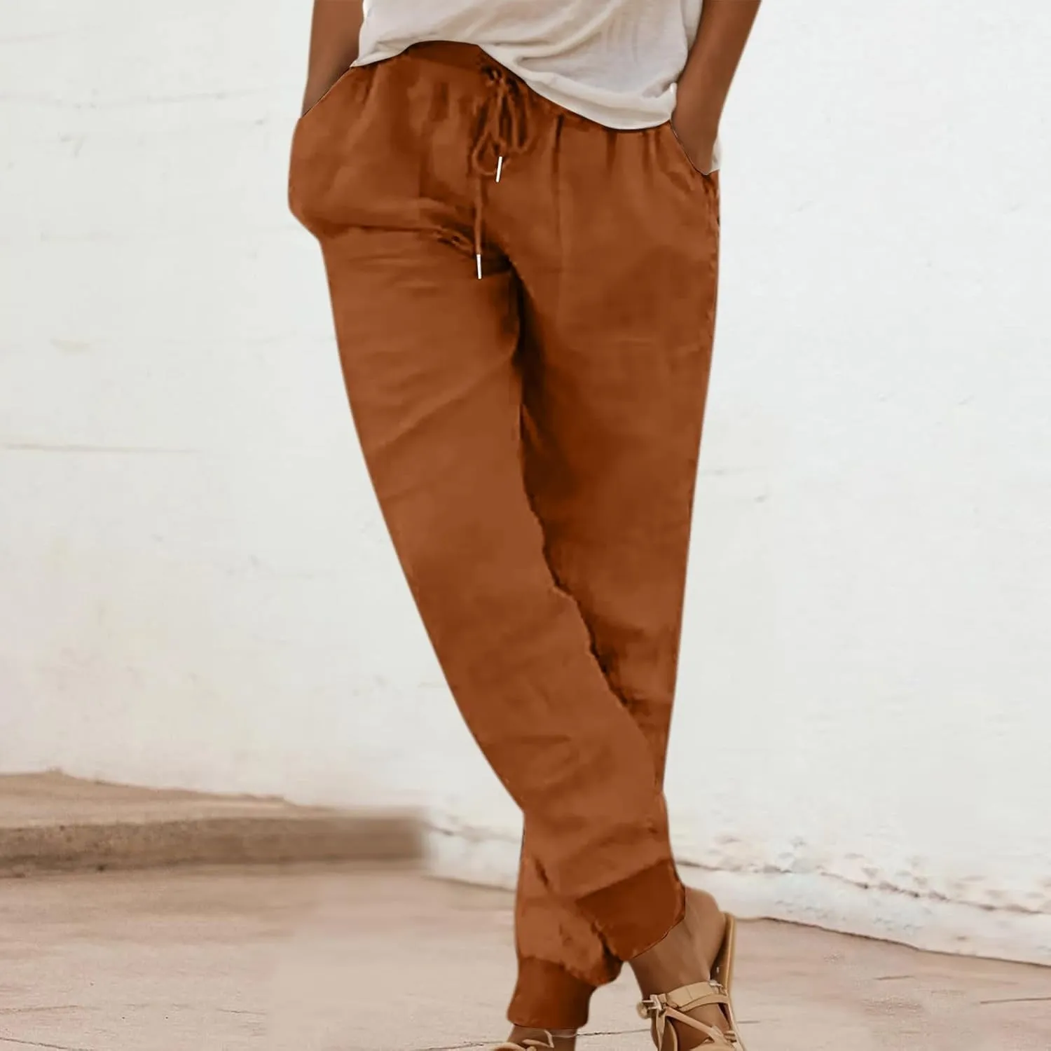 Wide Leg Linen Pants for Women High Waist Casual Loose Fit Summer Lightweight Jogger Palazzo Trouser with Pockets